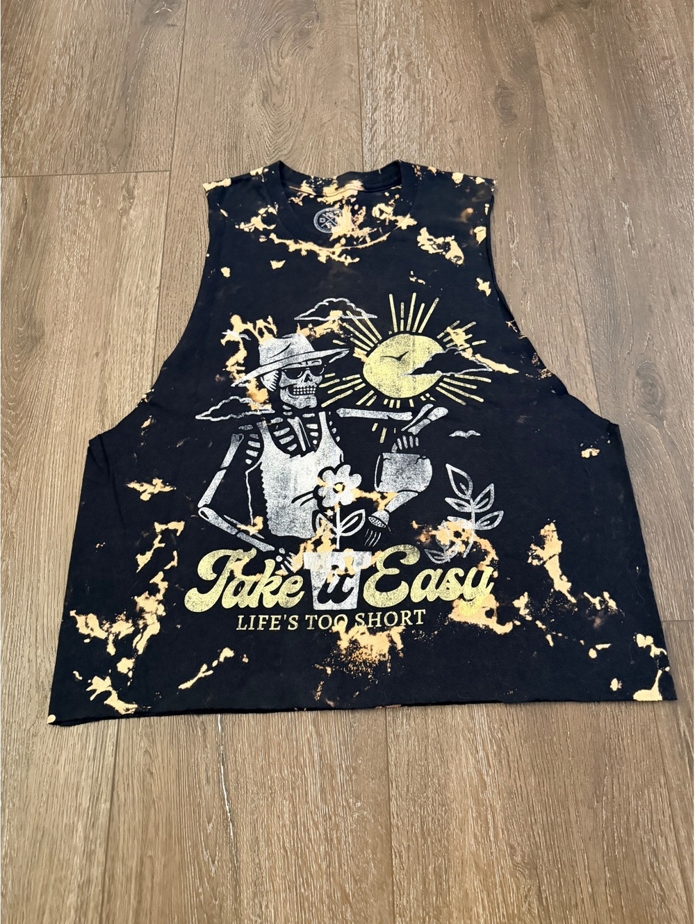 Take It Easy Skeleton Graphic Distressed Muscle Tank Black Size Large